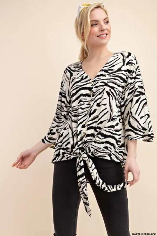 Kori Zebra Button Down Blouse - Hazelnut/Black