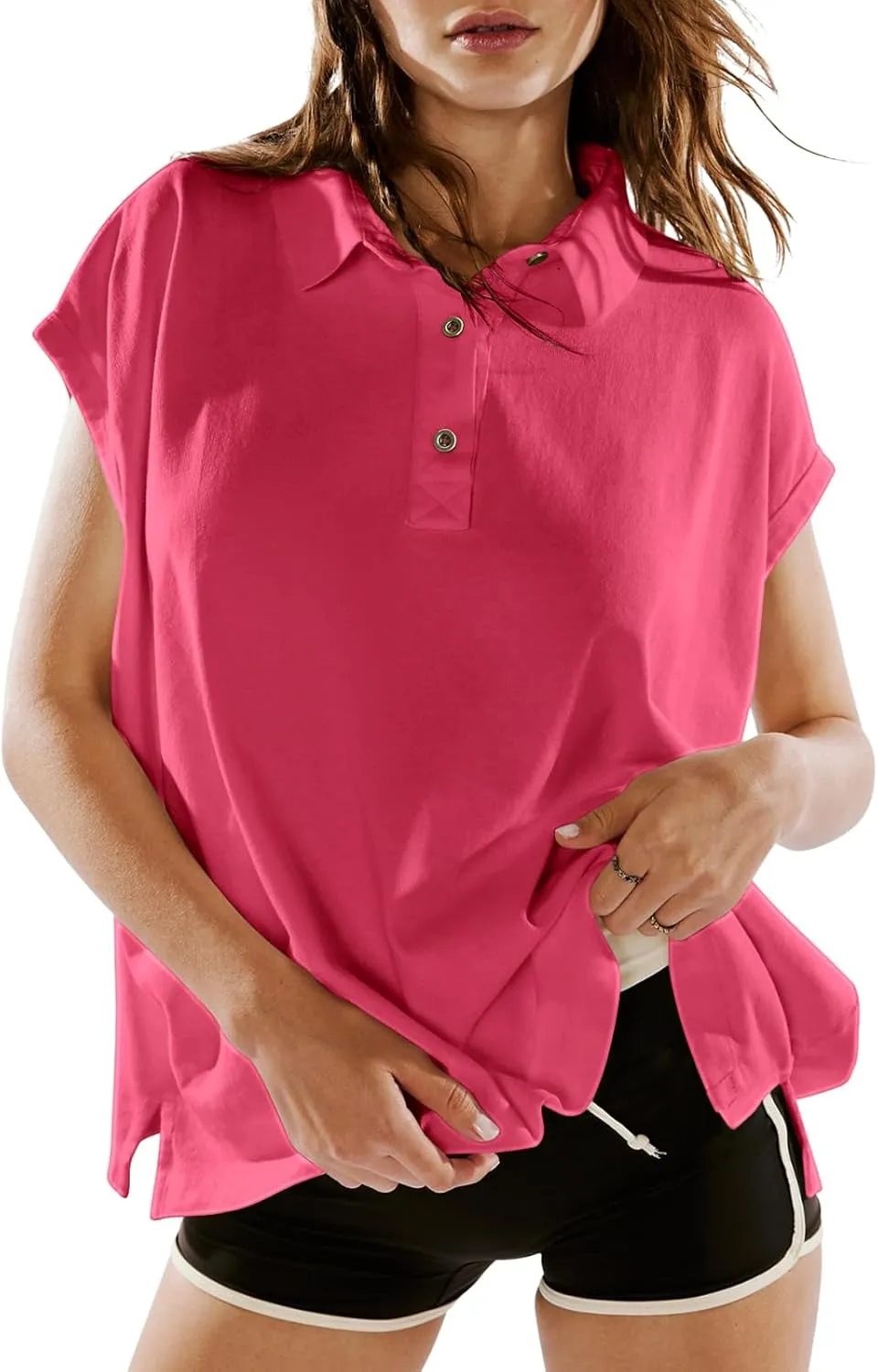 LASLULU Women's Polo Shirts Short Sleeve Oversized T Shirts Summer Casual Work Workout Gym Hiking Tops