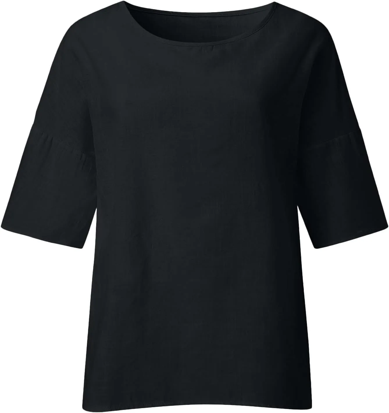 Linen Shirts for Women Solid Color Basic 3/4 Sleeve Tops Summer Casual Round Neck Pullover Blouse Ladies Tunic Tshirt