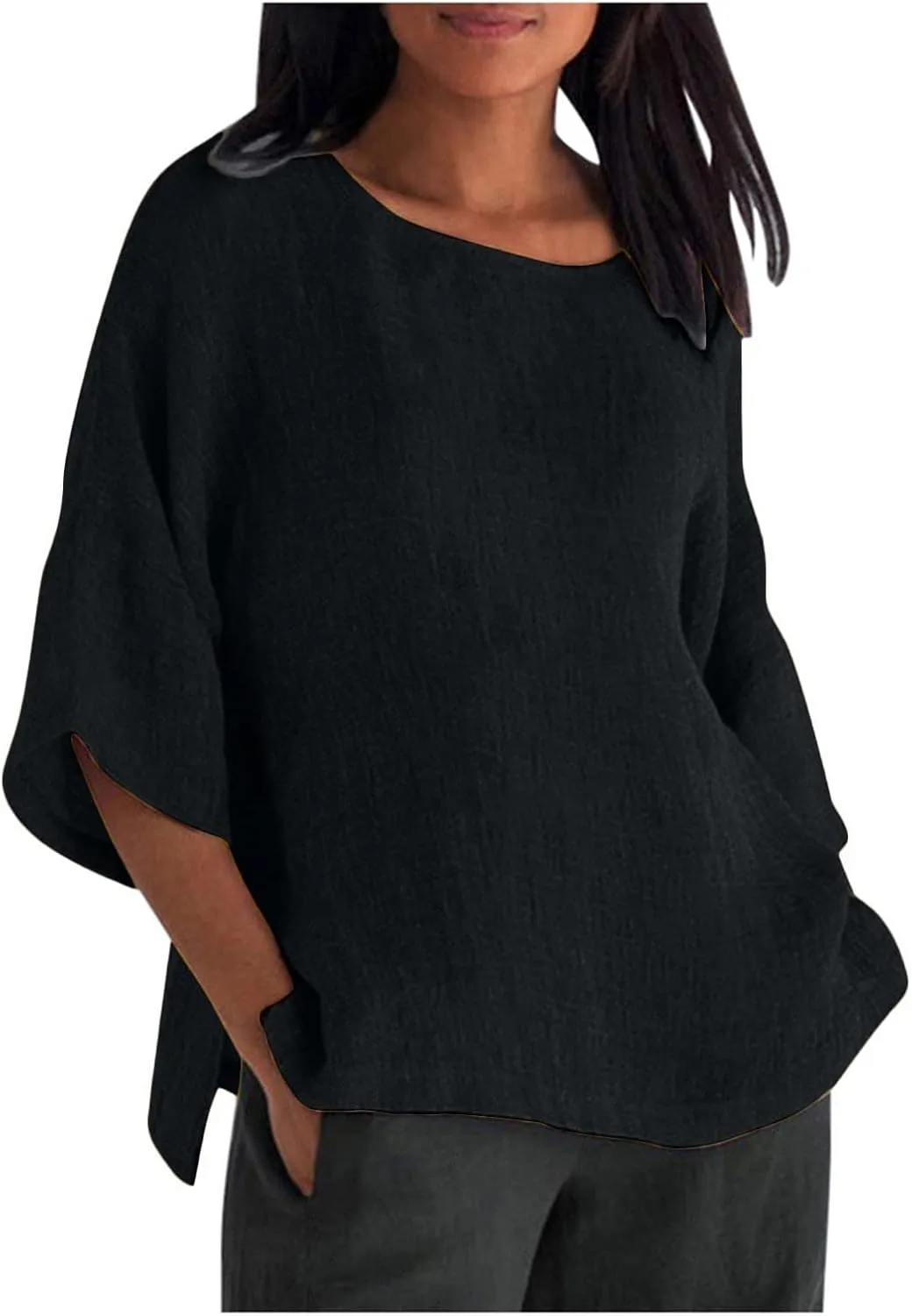 Linen Shirts for Women Solid Color Basic 3/4 Sleeve Tops Summer Casual Round Neck Pullover Blouse Ladies Tunic Tshirt