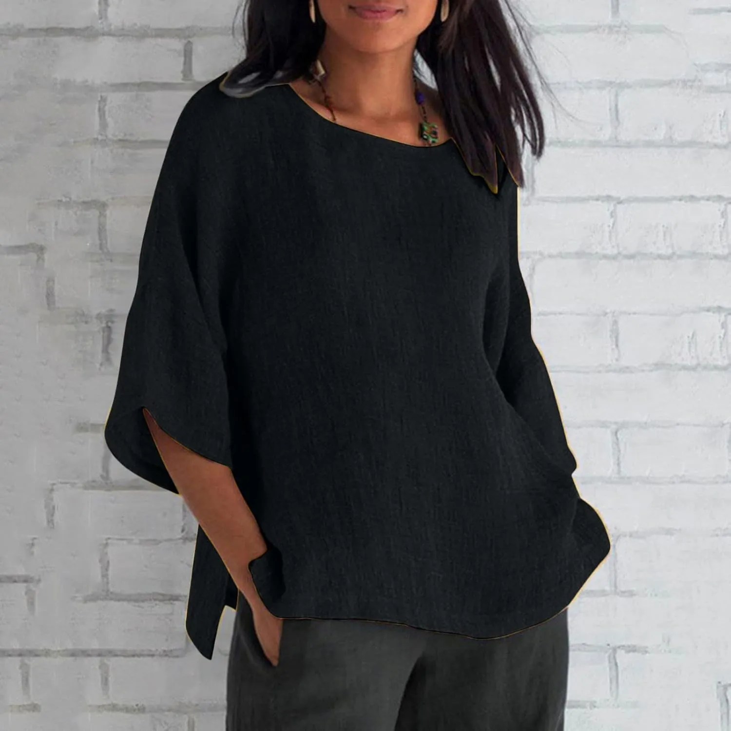 Linen Shirts for Women Solid Color Basic 3/4 Sleeve Tops Summer Casual Round Neck Pullover Blouse Ladies Tunic Tshirt