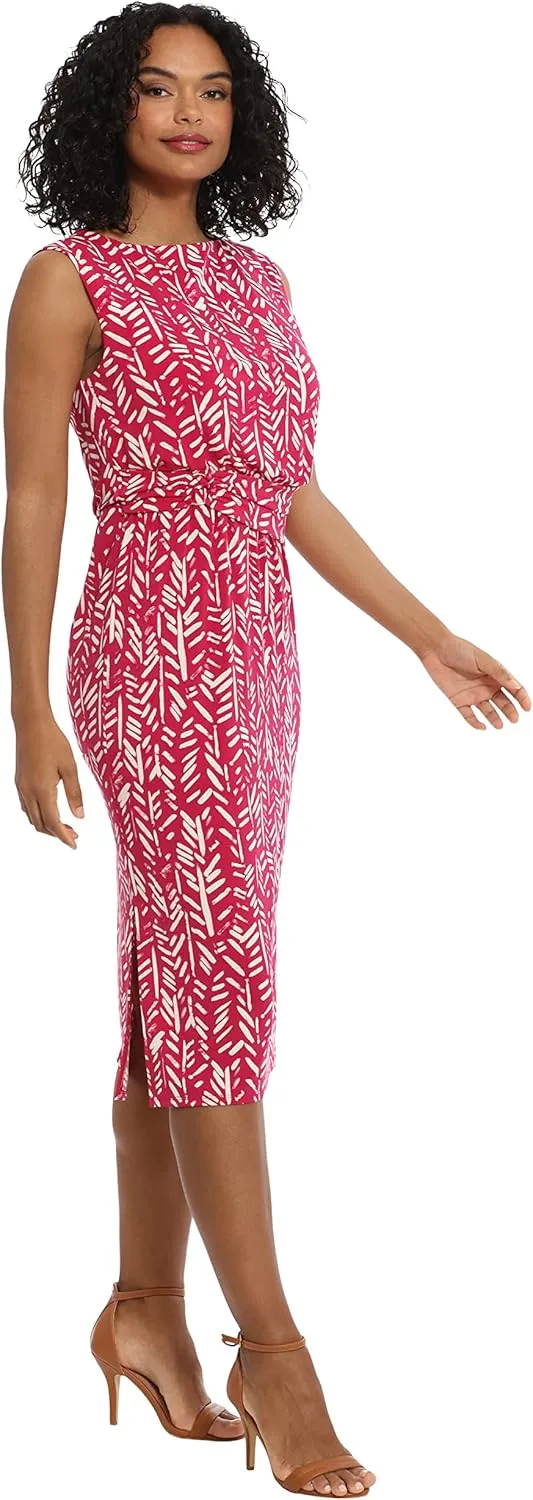 London Times Women's Belted Waist Crew Neck Midi Dress Polished Slimming Career Chic