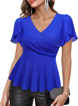 Lotusmile Womens Peplum Tops Dressy Casual Petal Sleeve Mesh Elegant Wrap Blouses for Women Work Night Out Party