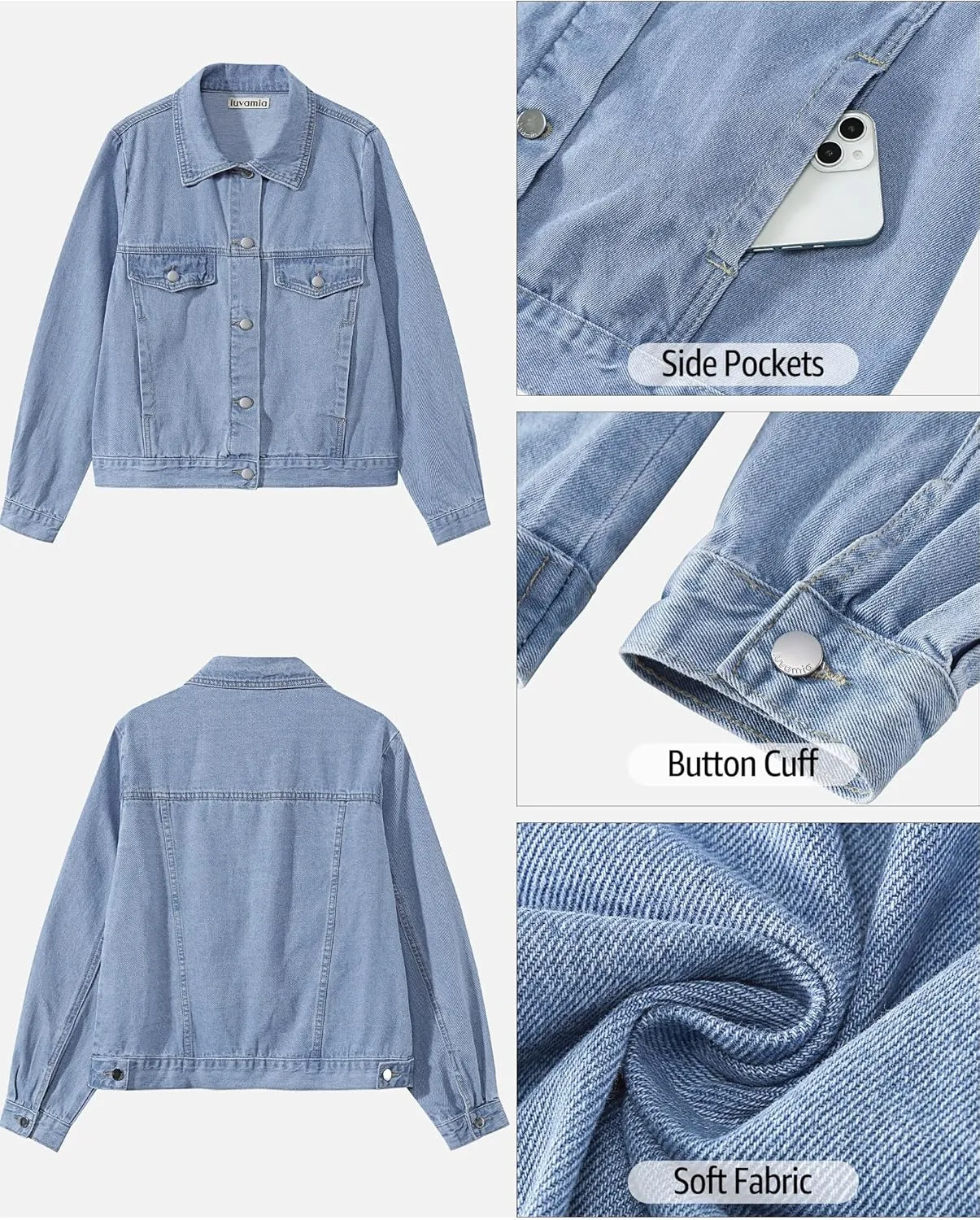 luvamia Denim Jackets for Women Trendy Casual Button Down Relaxed Fit Western Trucker Distressed Jean Jacket with Pocket