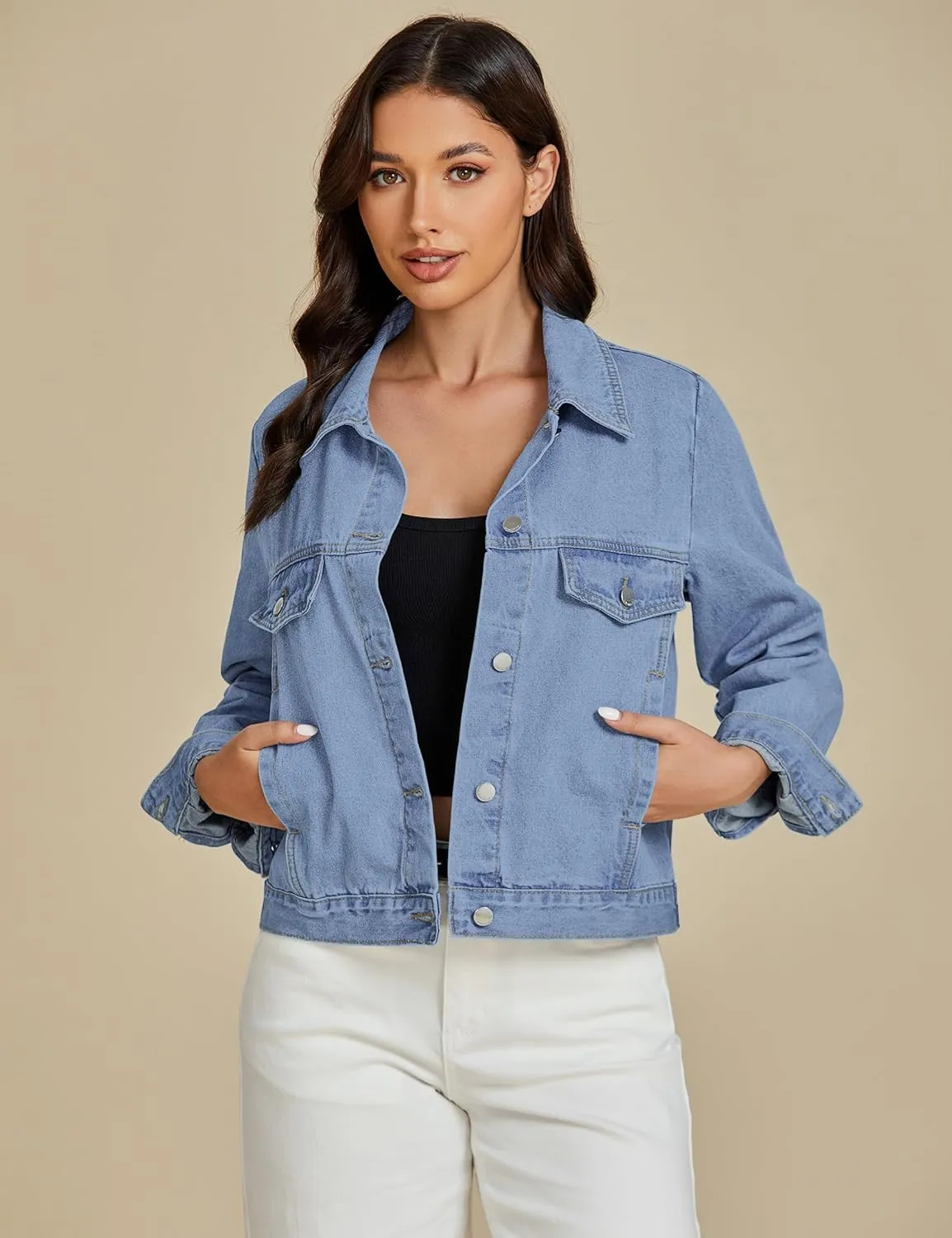 luvamia Denim Jackets for Women Trendy Casual Button Down Relaxed Fit Western Trucker Distressed Jean Jacket with Pocket