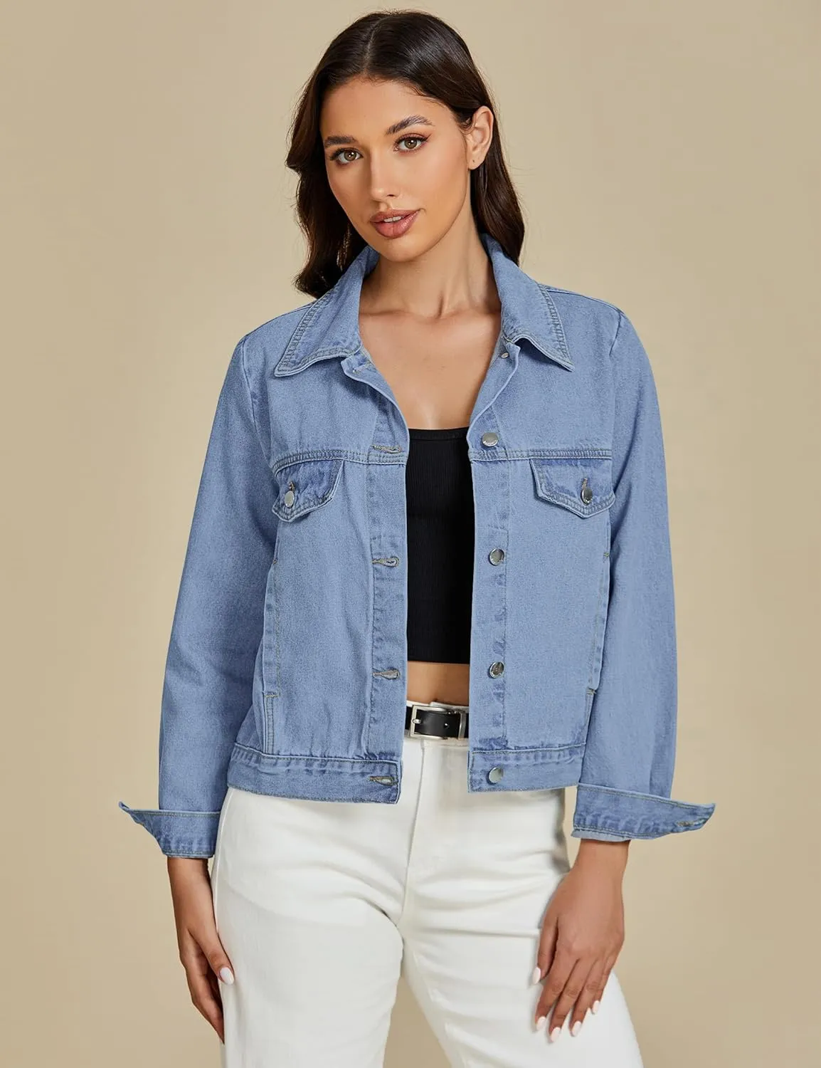 luvamia Denim Jackets for Women Trendy Casual Button Down Relaxed Fit Western Trucker Distressed Jean Jacket with Pocket