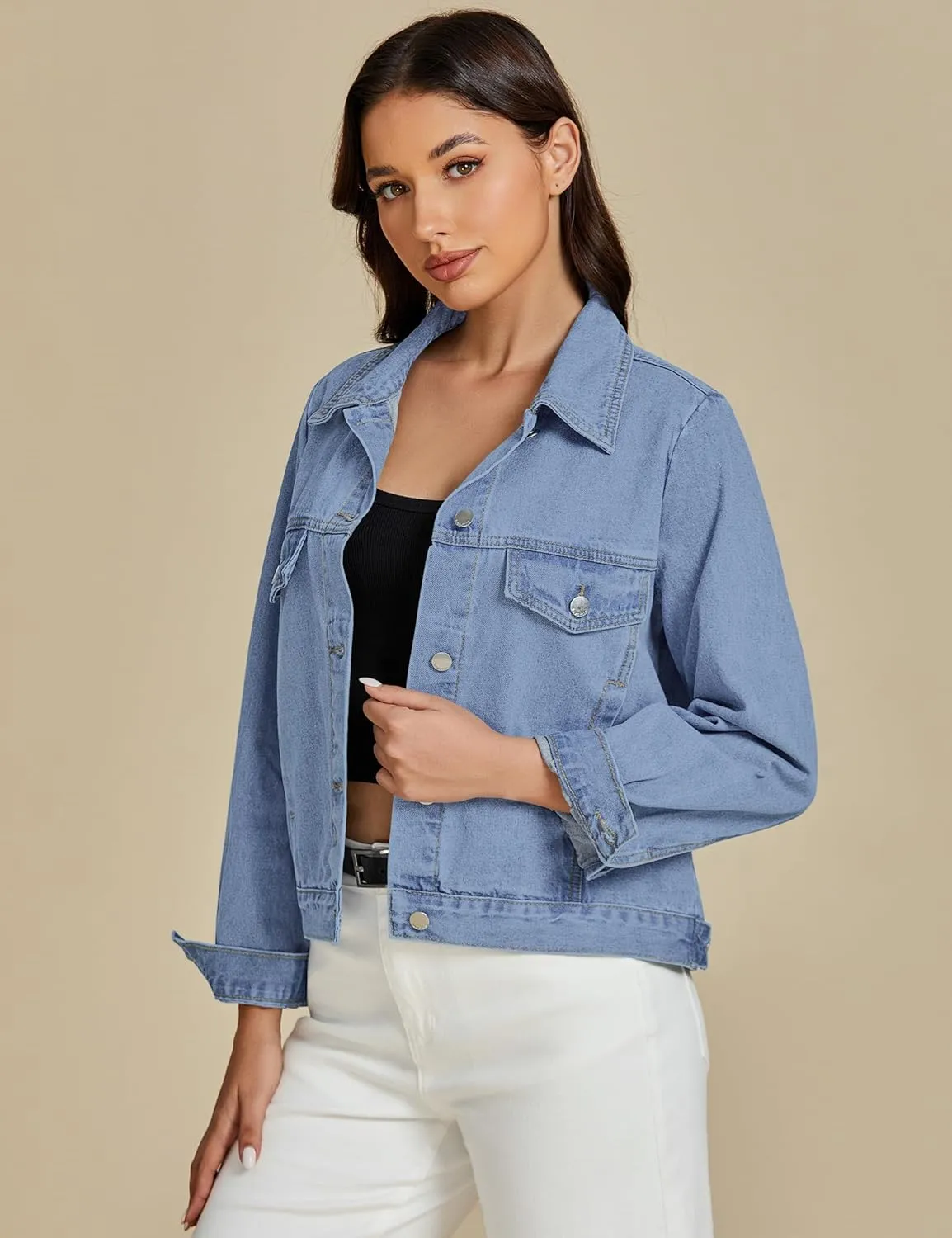 luvamia Denim Jackets for Women Trendy Casual Button Down Relaxed Fit Western Trucker Distressed Jean Jacket with Pocket