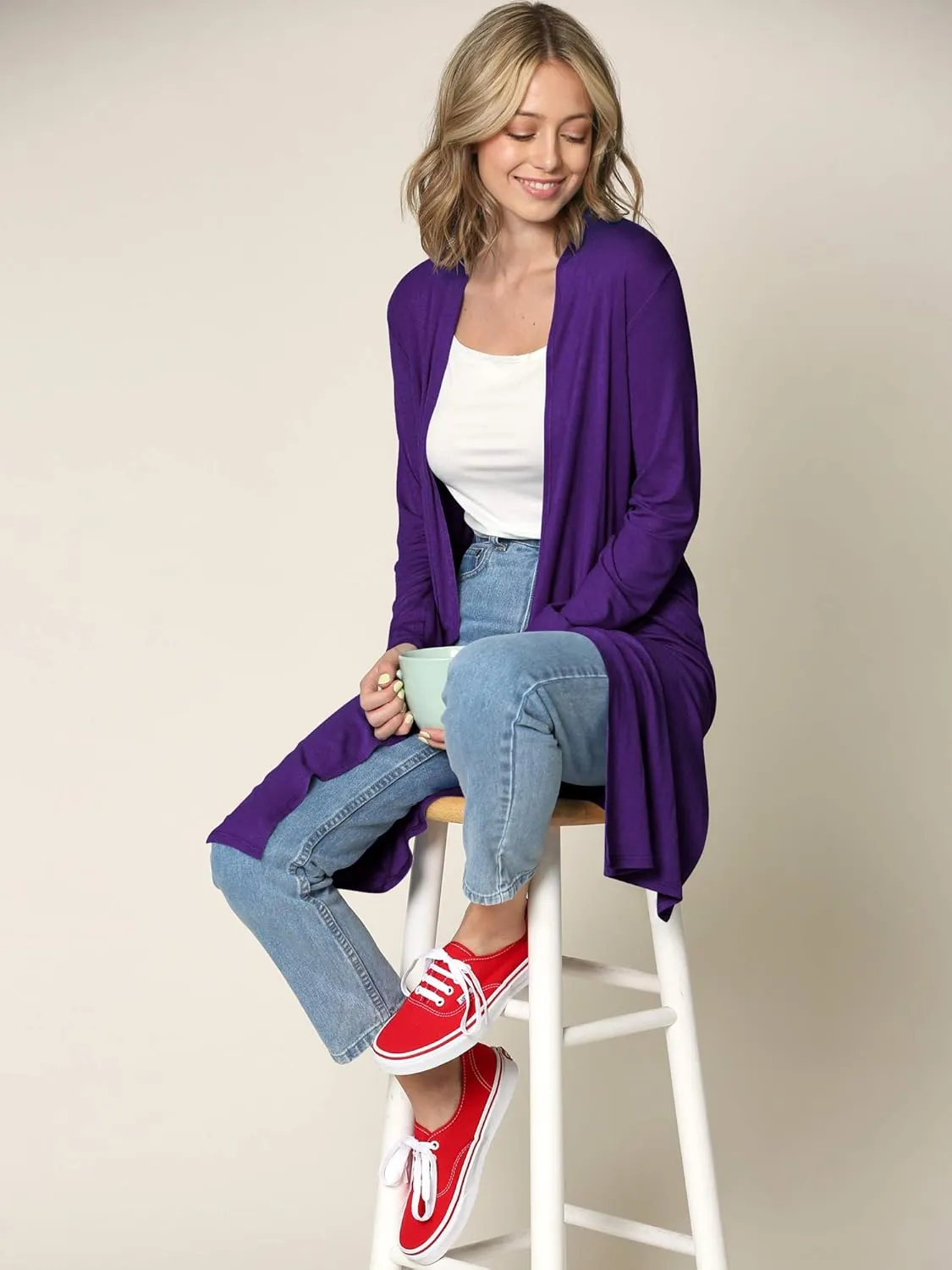 Made By Johnny Women's Solid Long Sleeve Open Front Drape Long Cardigan Duster - Comfortable & Stylish Outerwear