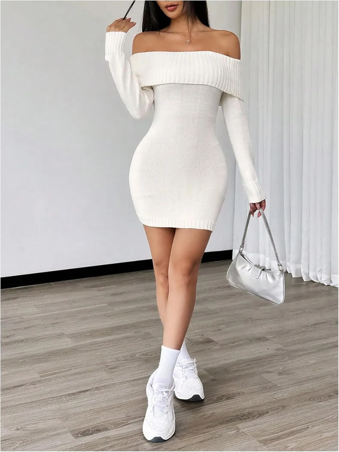 MakeMeChic Women's Off Shoulder Mini Sweater Dress Rib Knit Long Sleeve Bodycon Party Club Short Dresses