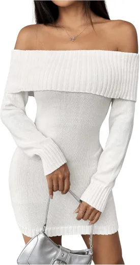 MakeMeChic Women's Off Shoulder Mini Sweater Dress Rib Knit Long Sleeve Bodycon Party Club Short Dresses
