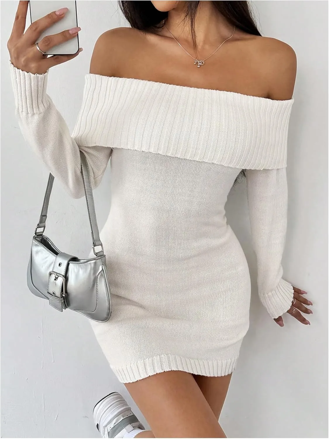 MakeMeChic Women's Off Shoulder Mini Sweater Dress Rib Knit Long Sleeve Bodycon Party Club Short Dresses