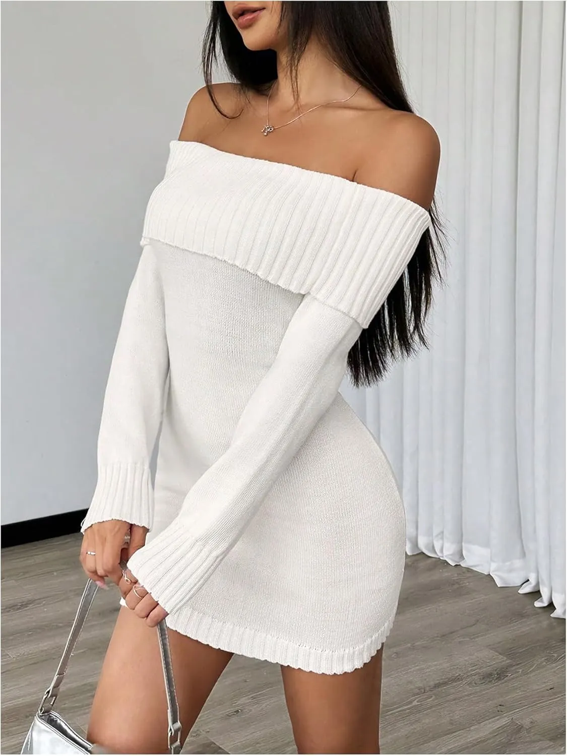 MakeMeChic Women's Off Shoulder Mini Sweater Dress Rib Knit Long Sleeve Bodycon Party Club Short Dresses