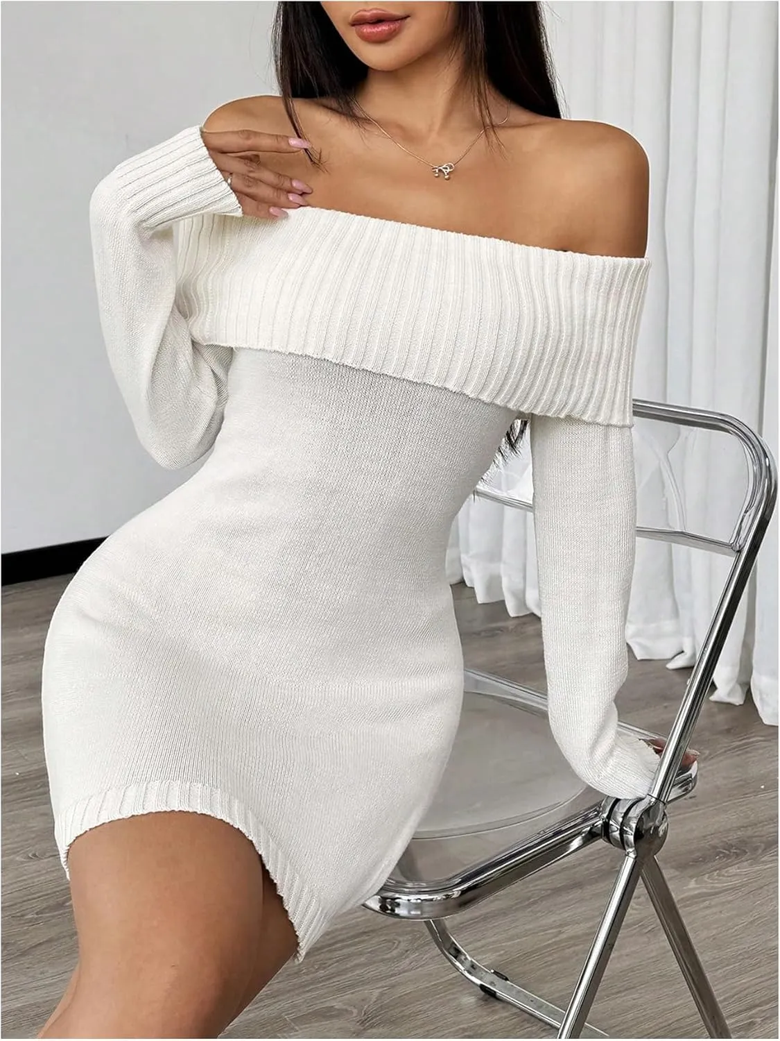 MakeMeChic Women's Off Shoulder Mini Sweater Dress Rib Knit Long Sleeve Bodycon Party Club Short Dresses