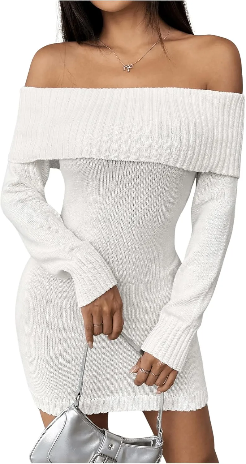 MakeMeChic Women's Off Shoulder Mini Sweater Dress Rib Knit Long Sleeve Bodycon Party Club Short Dresses