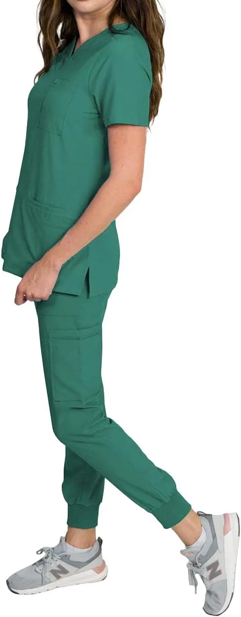 Medgear Fleur Women's Stretch Scrub Set with Zip Chest Pocket Top and Knit Rib Cuffs Jogger Pants