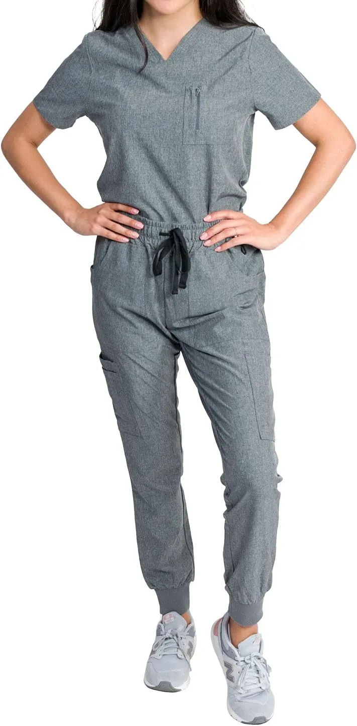 Medgear Fleur Women's Stretch Scrub Set with Zip Chest Pocket Top and Knit Rib Cuffs Jogger Pants