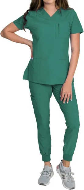 Medgear Fleur Women's Stretch Scrub Set with Zip Chest Pocket Top and Knit Rib Cuffs Jogger Pants