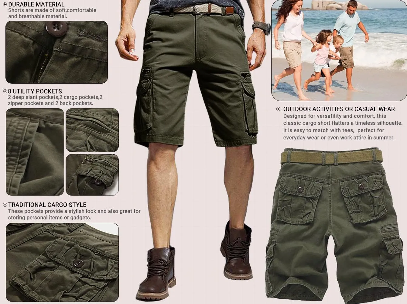 Men's Cargo Shorts Relaxed Fit, Cotton Twill Work Shorts, Outdoor Lightweight Casual Shorts for Men with Pockets