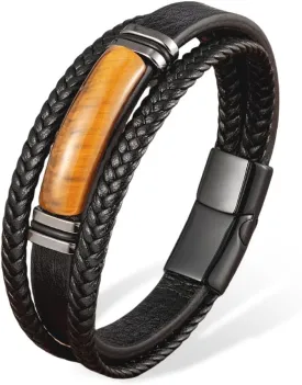 Men's Leather Bracelet Natural Tiger Eye and Agate Protection Multilayer Braided Wristband Bangle for Holiday Gifts