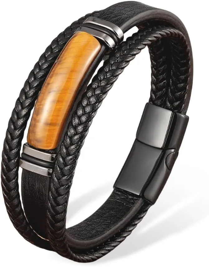 Men's Leather Bracelet Natural Tiger Eye and Agate Protection Multilayer Braided Wristband Bangle for Holiday Gifts