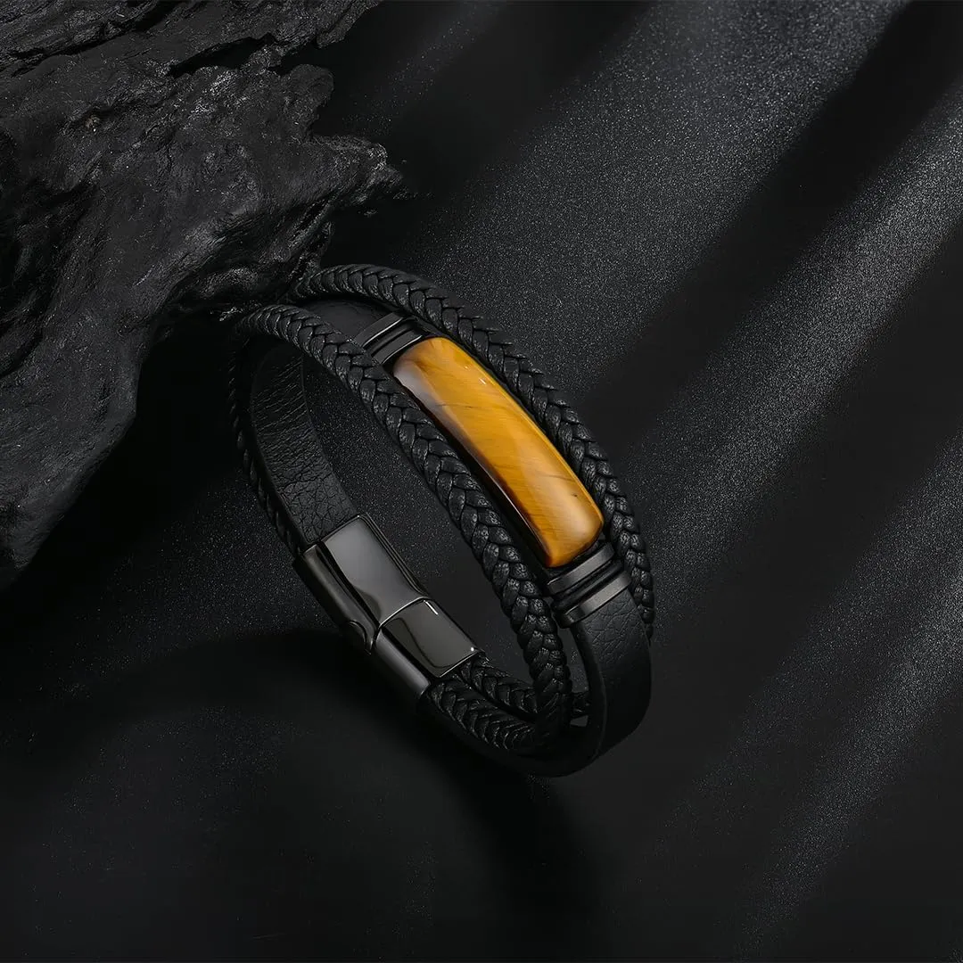 Men's Leather Bracelet Natural Tiger Eye and Agate Protection Multilayer Braided Wristband Bangle for Holiday Gifts