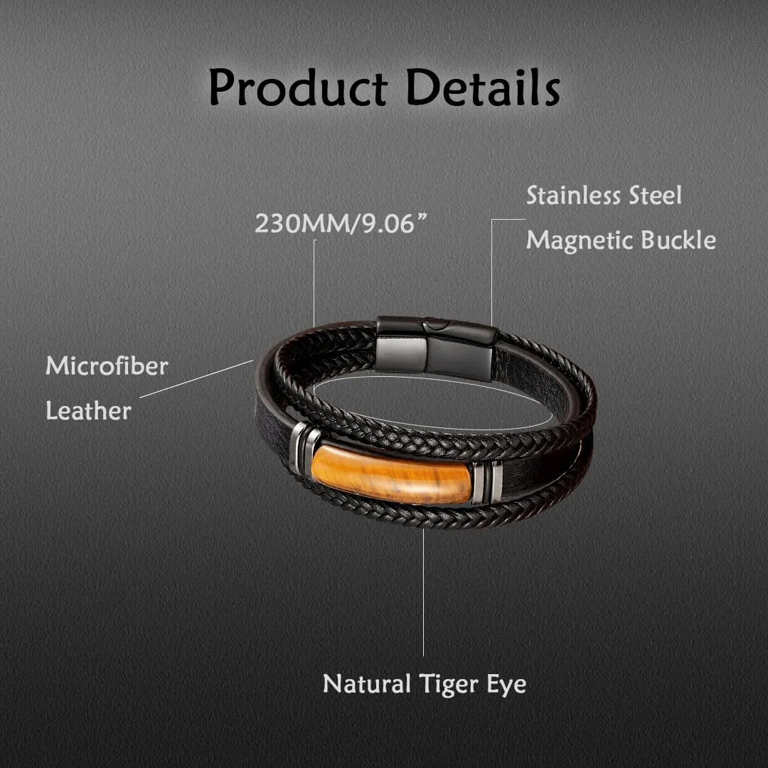 Men's Leather Bracelet Natural Tiger Eye and Agate Protection Multilayer Braided Wristband Bangle for Holiday Gifts