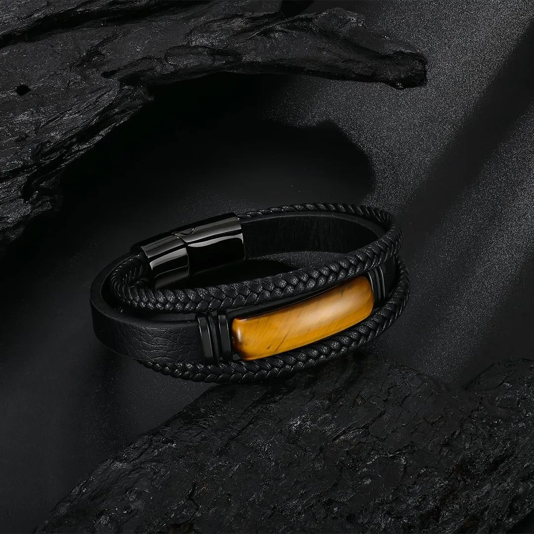 Men's Leather Bracelet Natural Tiger Eye and Agate Protection Multilayer Braided Wristband Bangle for Holiday Gifts