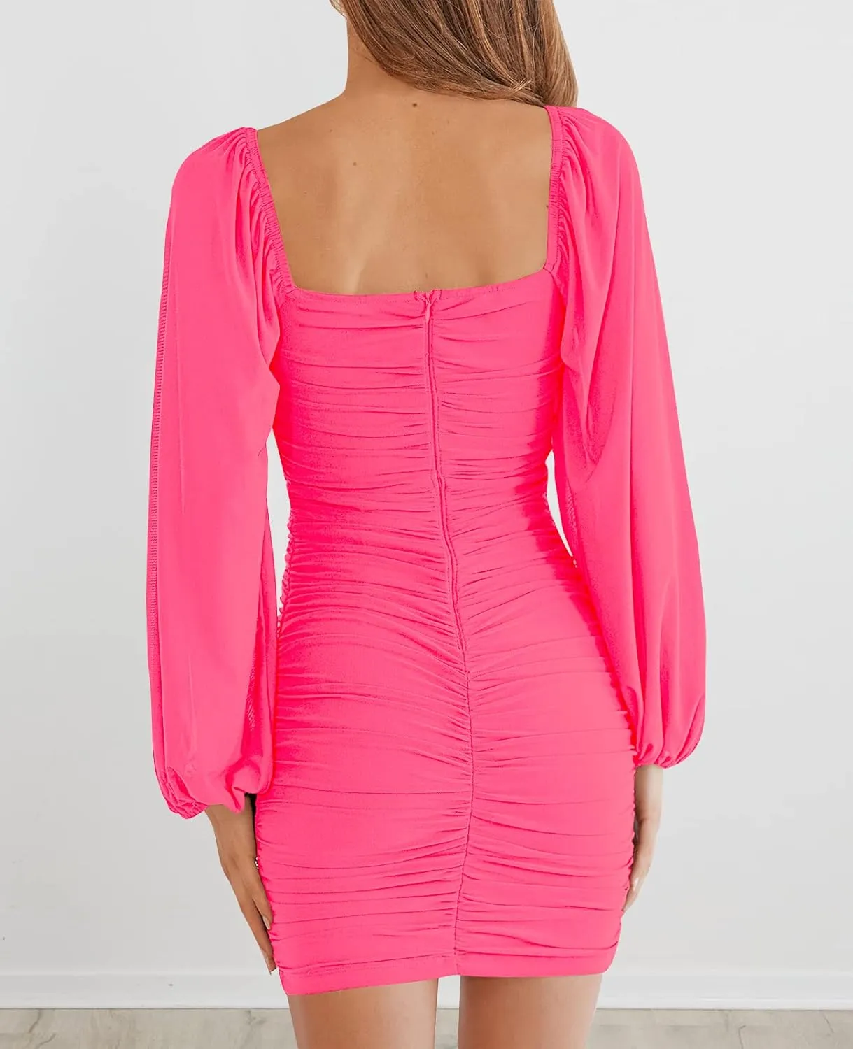 MEROKEETY Women Square Neck Lantern Long Sleeve Mesh Ruched Bodycon Clubwear Mini Dress