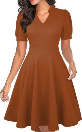 Mokayee Womens Summer Short Puff Sleeve Casual Semi-Formal Fit and Flare Church Wedding Guest Work Dresses with Pockets