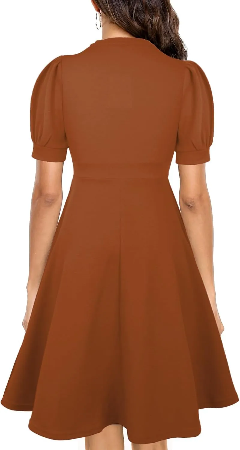 Mokayee Womens Summer Short Puff Sleeve Casual Semi-Formal Fit and Flare Church Wedding Guest Work Dresses with Pockets