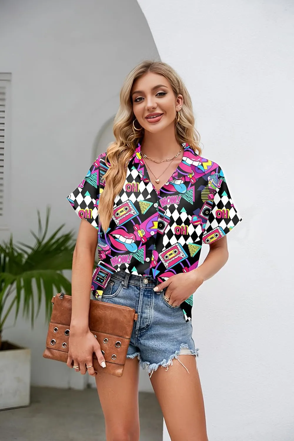 PECHAR 80s 90s Hawaiian Shirt for Women Retro Party Disco Neon Outfits 80s Clothing Button Down Blouses