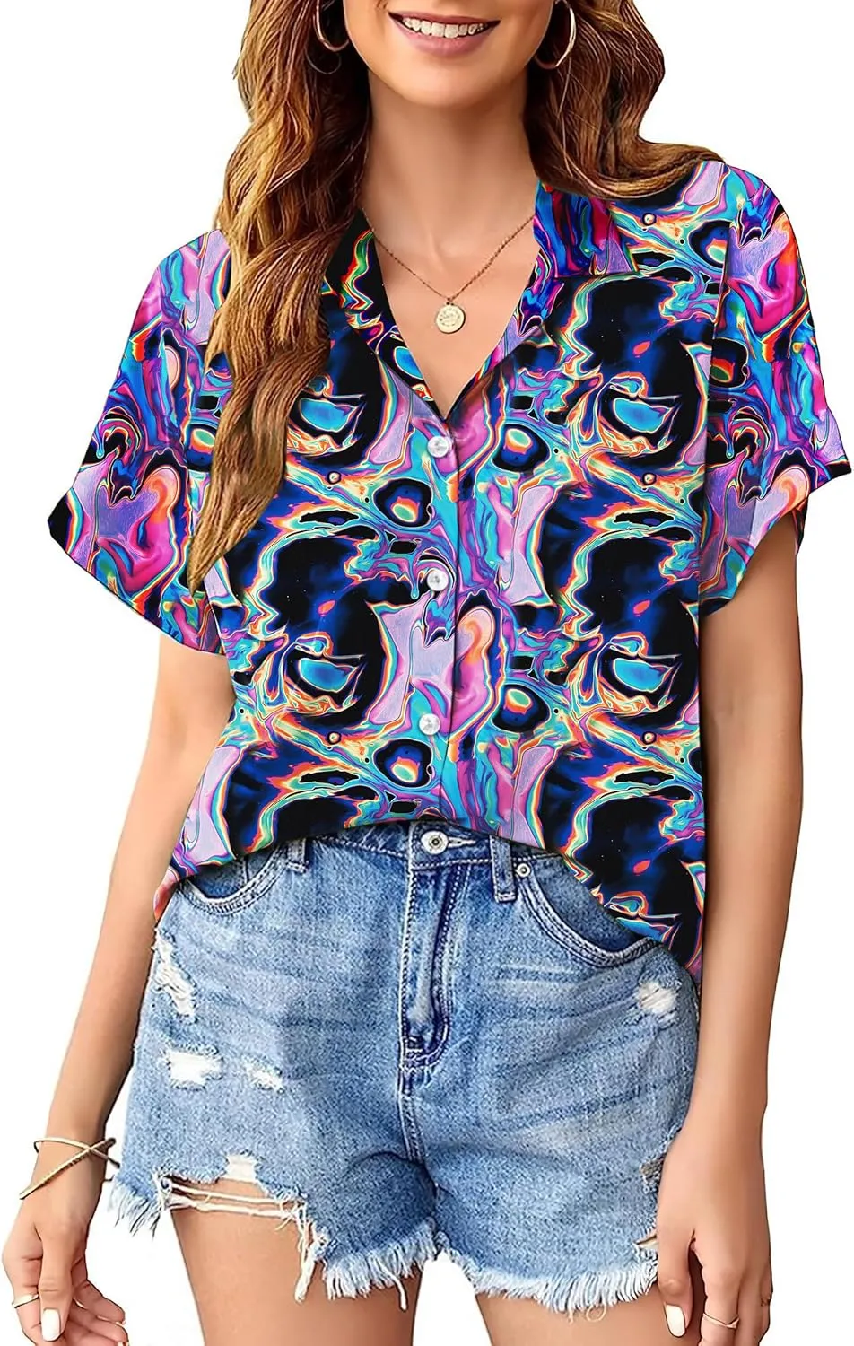 PECHAR 80s 90s Hawaiian Shirt for Women Retro Party Disco Neon Outfits 80s Clothing Button Down Blouses