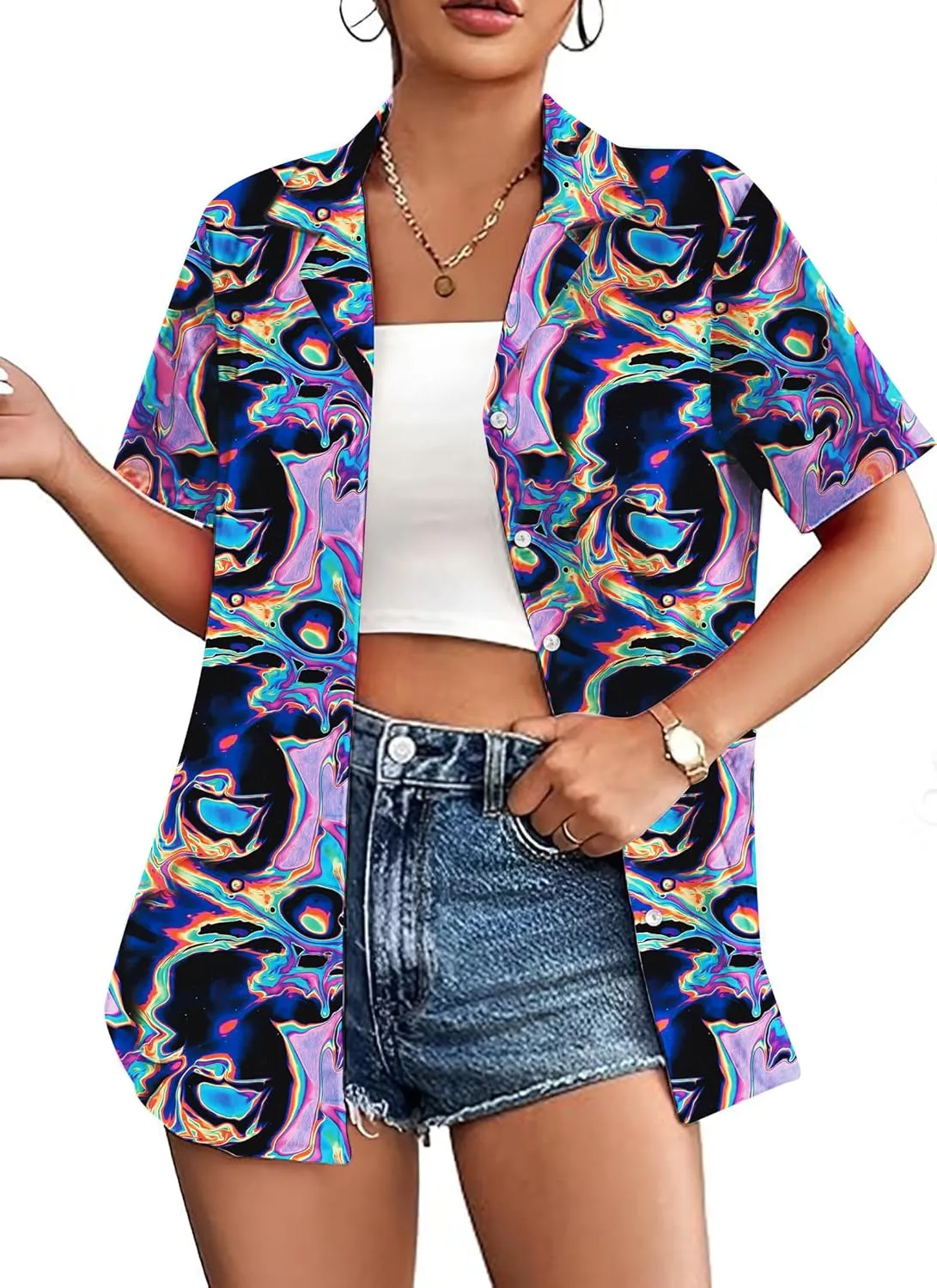 PECHAR 80s 90s Hawaiian Shirt for Women Retro Party Disco Neon Outfits 80s Clothing Button Down Blouses