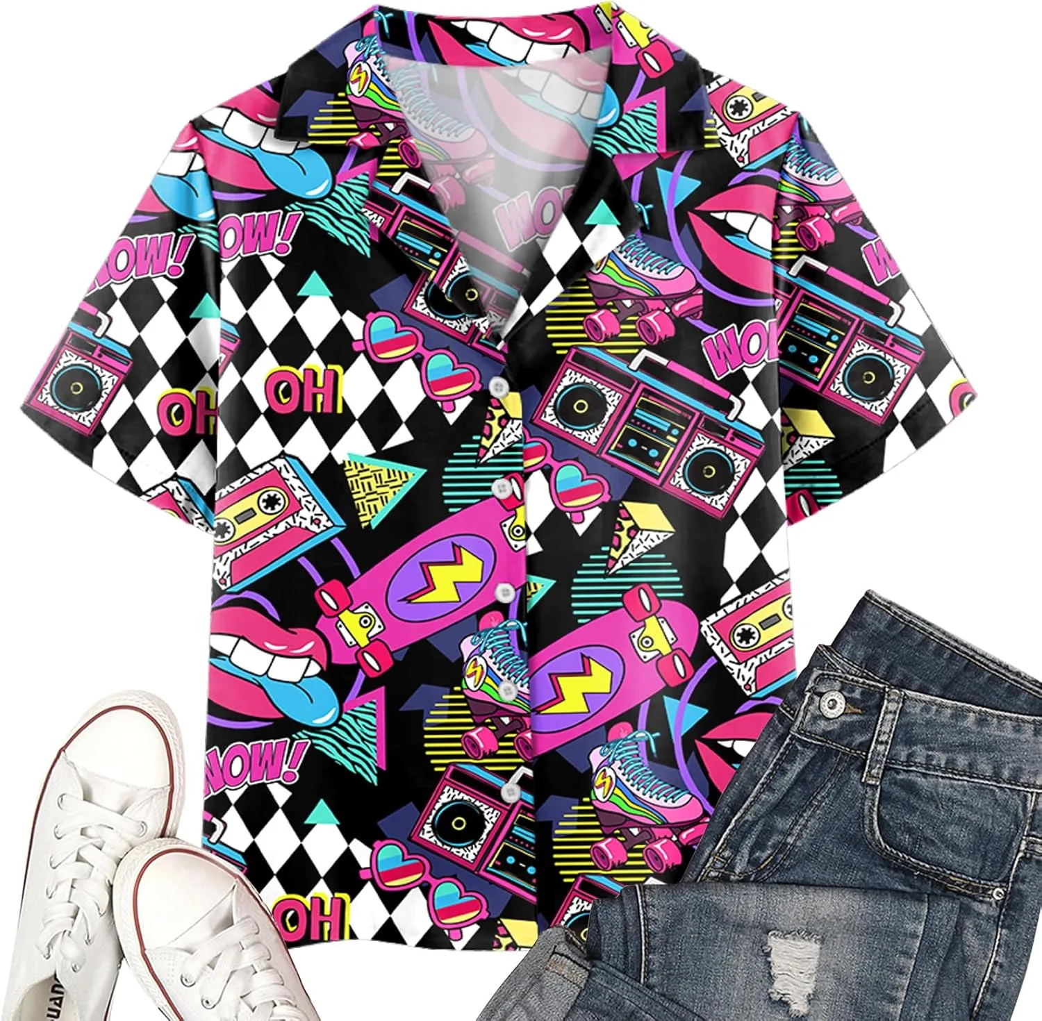PECHAR 80s 90s Hawaiian Shirt for Women Retro Party Disco Neon Outfits 80s Clothing Button Down Blouses