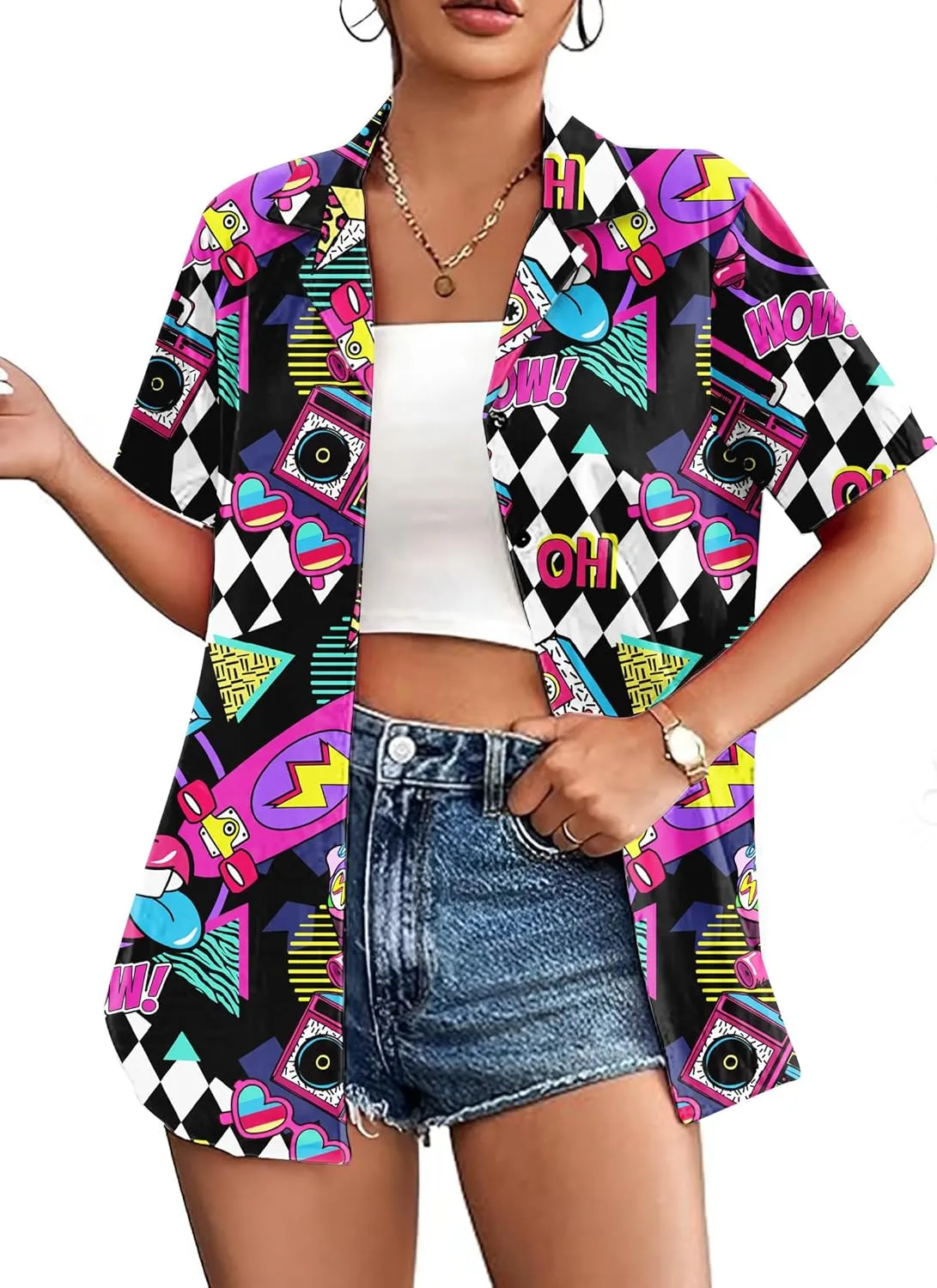PECHAR 80s 90s Hawaiian Shirt for Women Retro Party Disco Neon Outfits 80s Clothing Button Down Blouses