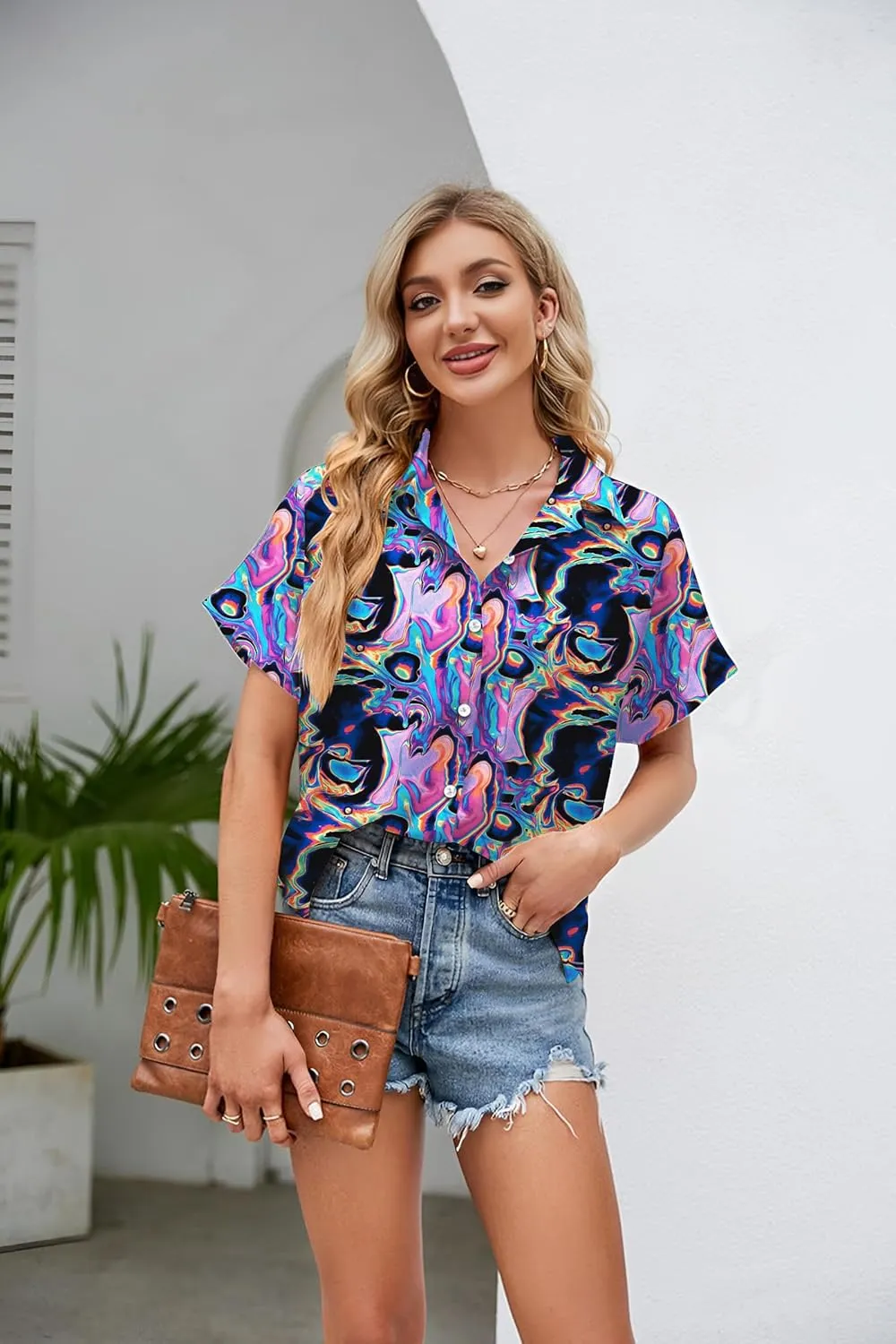 PECHAR 80s 90s Hawaiian Shirt for Women Retro Party Disco Neon Outfits 80s Clothing Button Down Blouses