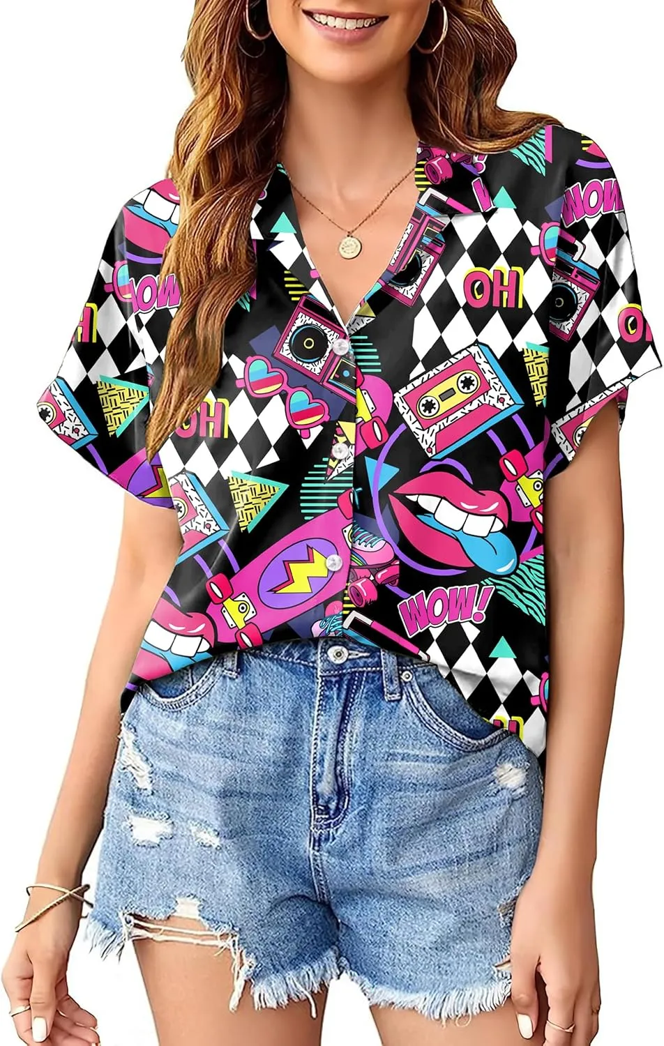 PECHAR 80s 90s Hawaiian Shirt for Women Retro Party Disco Neon Outfits 80s Clothing Button Down Blouses