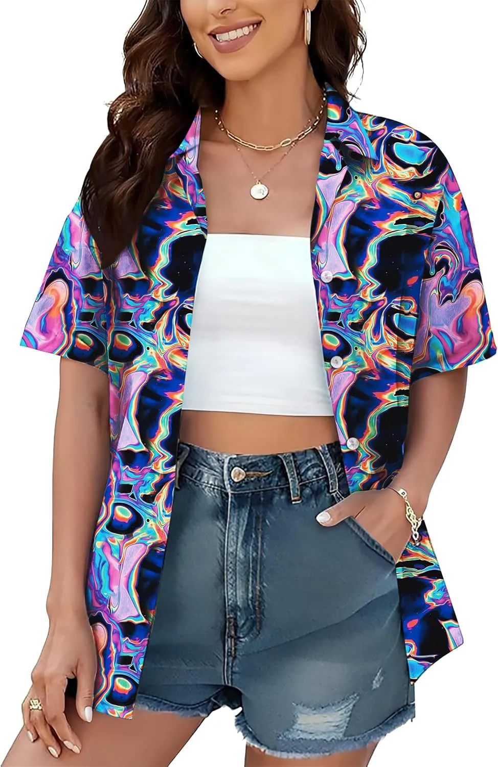PECHAR 80s 90s Hawaiian Shirt for Women Retro Party Disco Neon Outfits 80s Clothing Button Down Blouses