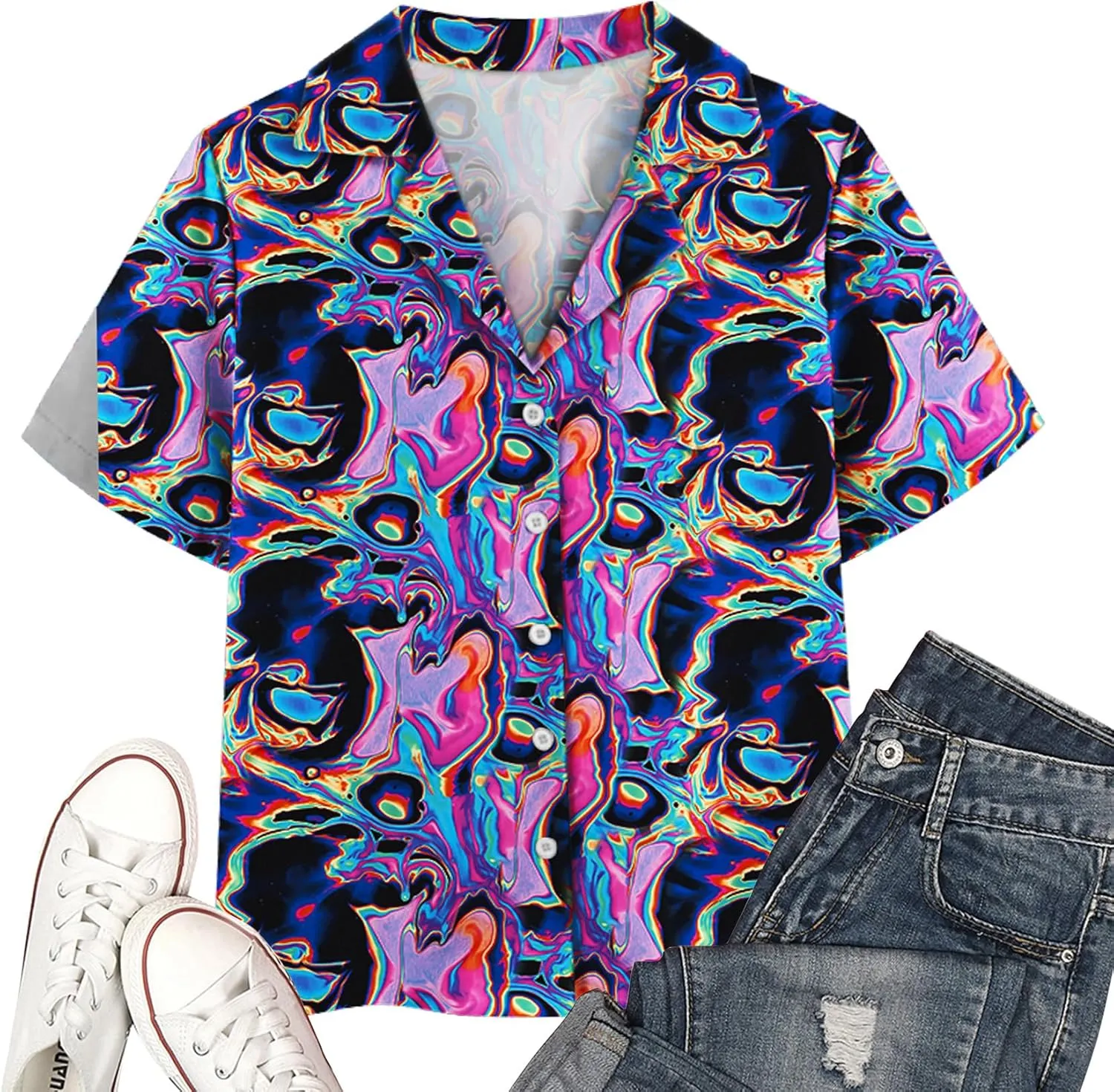 PECHAR 80s 90s Hawaiian Shirt for Women Retro Party Disco Neon Outfits 80s Clothing Button Down Blouses