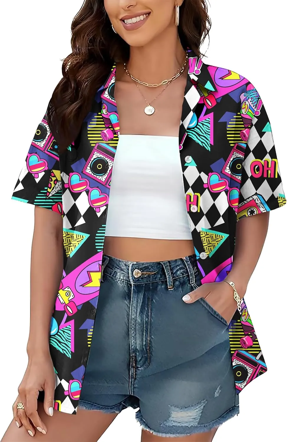 PECHAR 80s 90s Hawaiian Shirt for Women Retro Party Disco Neon Outfits 80s Clothing Button Down Blouses