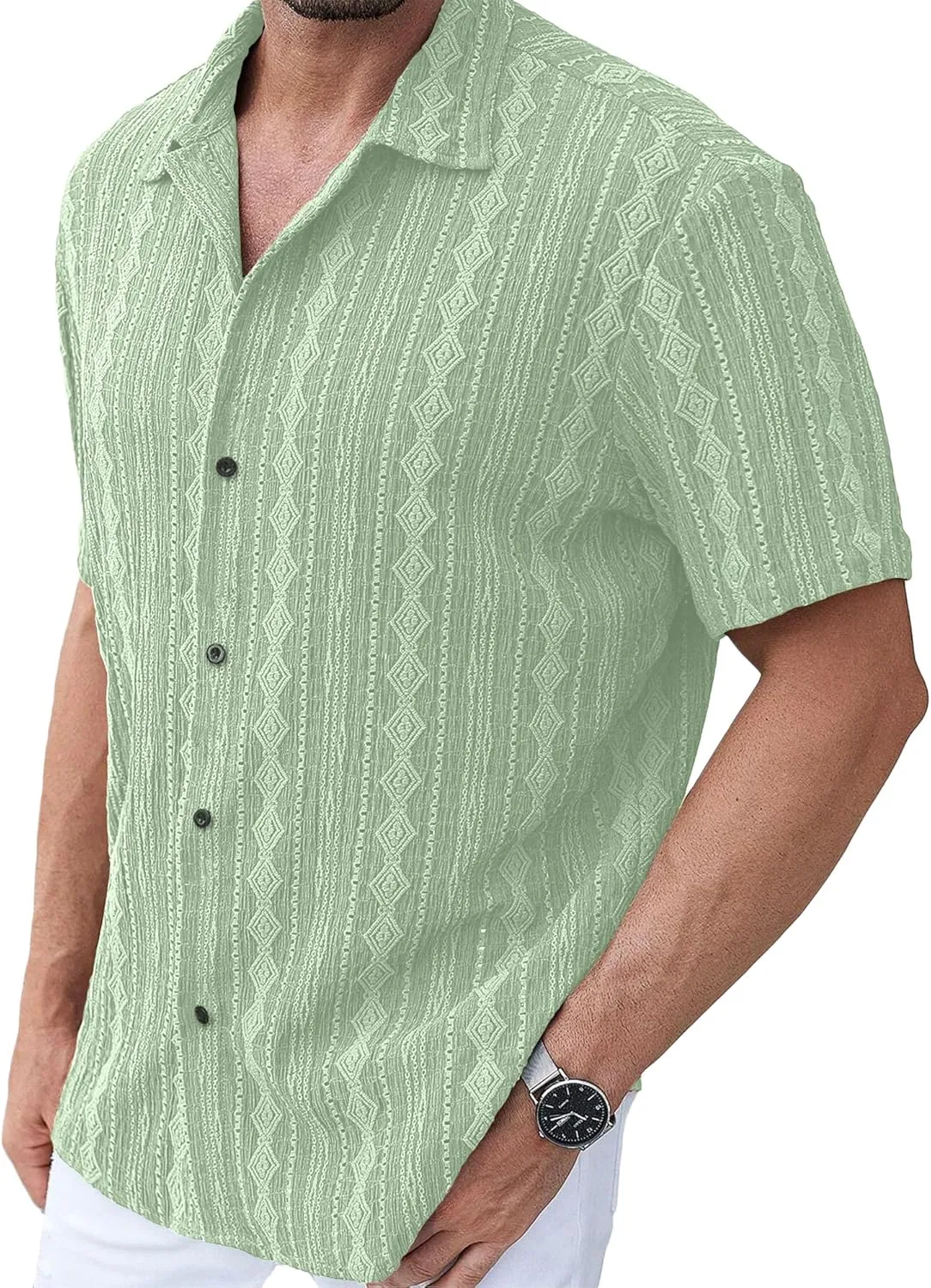 PLEPAN Men's Beach Casual Shirts Button Down Shirts Short Sleeve Tropical Summer Vacation Shirts with Vintage Striped