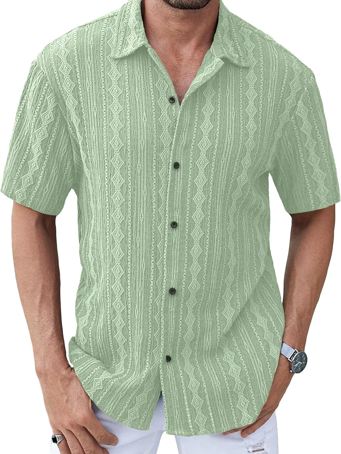 PLEPAN Men's Beach Casual Shirts Button Down Shirts Short Sleeve Tropical Summer Vacation Shirts with Vintage Striped
