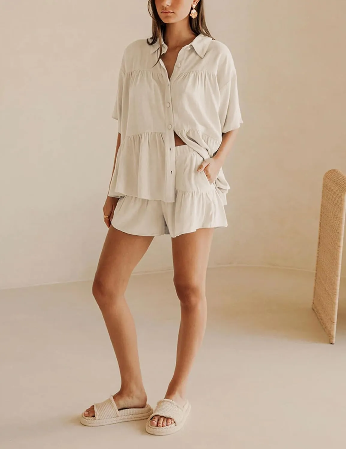 Qiaomai Womens 2 Piece Outfits Summer Ruffled Shirt and High Waist Shorts Matching Set