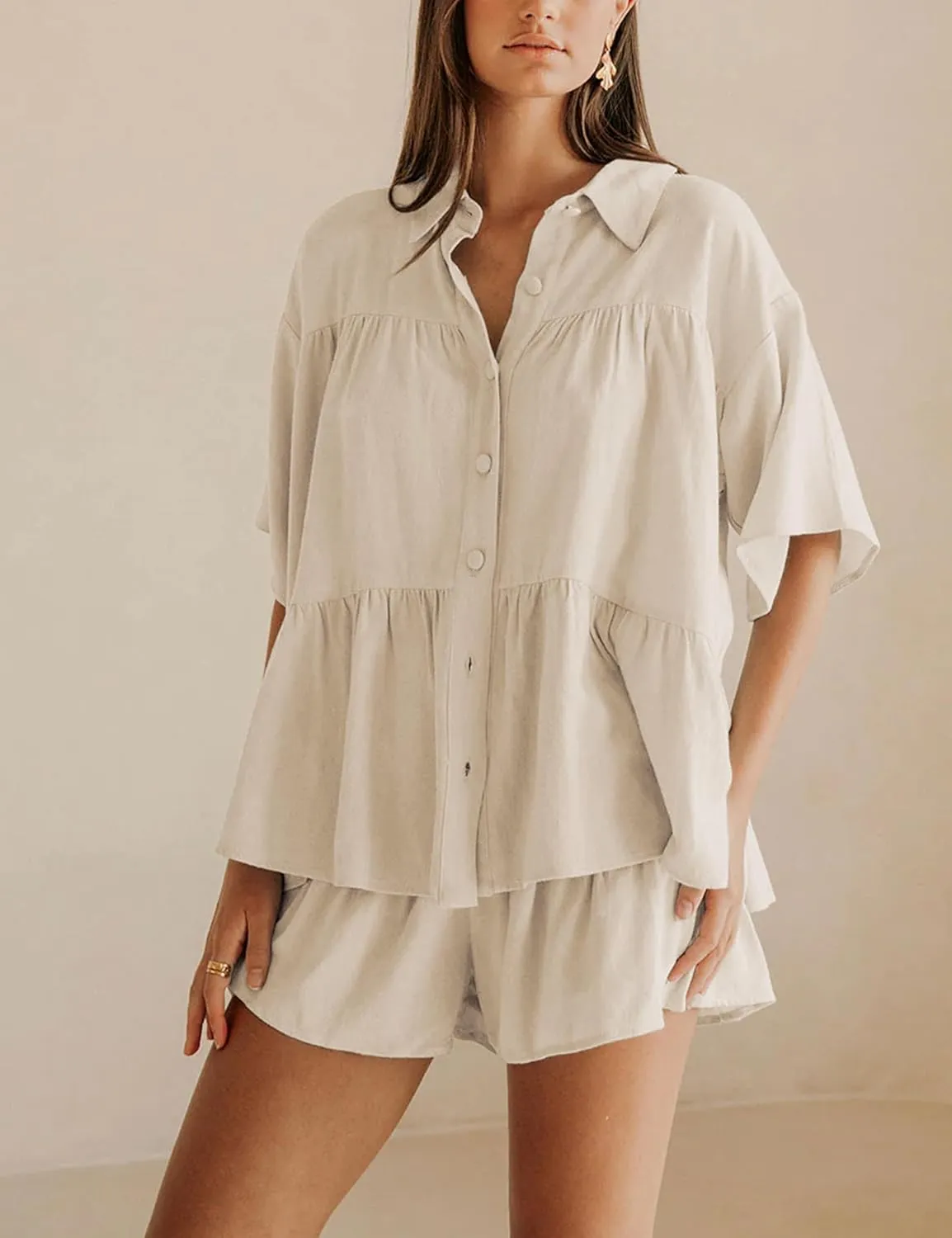 Qiaomai Womens 2 Piece Outfits Summer Ruffled Shirt and High Waist Shorts Matching Set