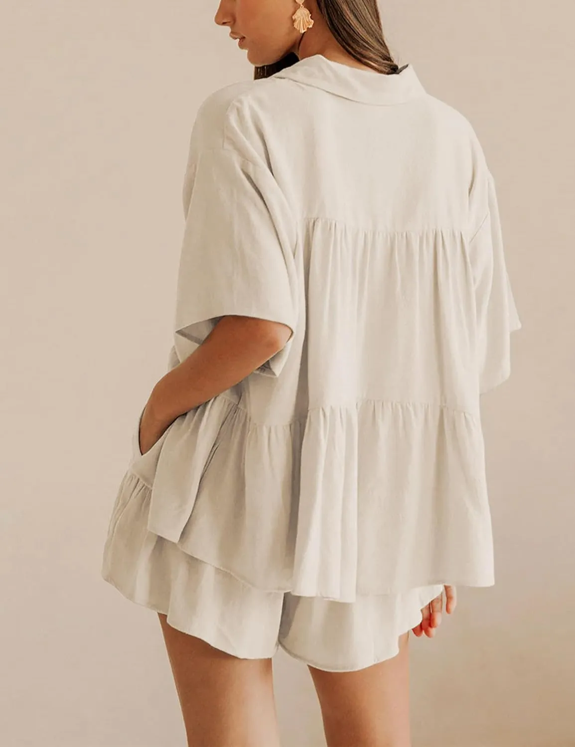 Qiaomai Womens 2 Piece Outfits Summer Ruffled Shirt and High Waist Shorts Matching Set