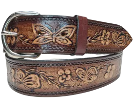 "Flowers and the Butterfly" Leather Belt  "Quick Ship"