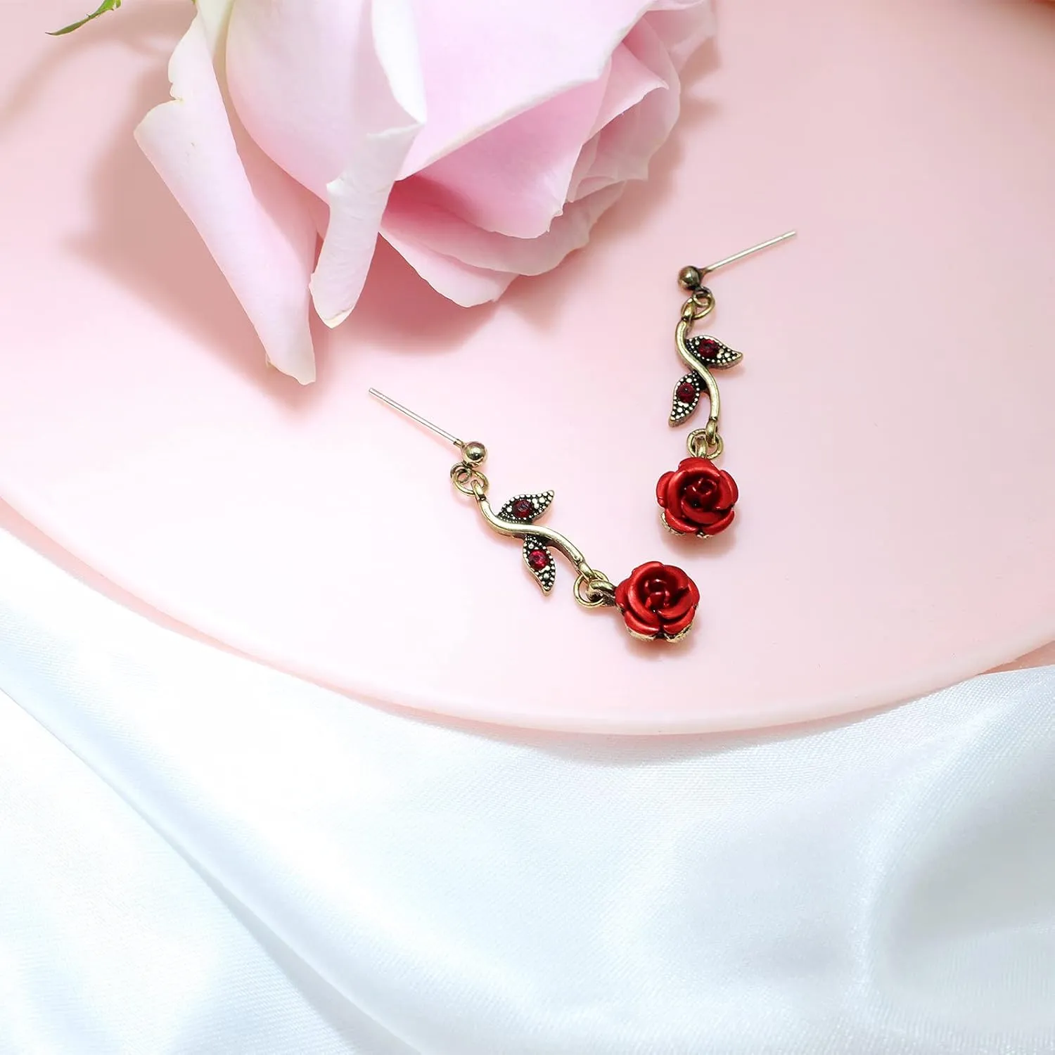 Rose Flower Earrings for Women, Fashion and Romantic Vintage Rose Pendant Earrings Precious Dainty Jewelry Gift for Women Girls Mother Wife Sister Daughte