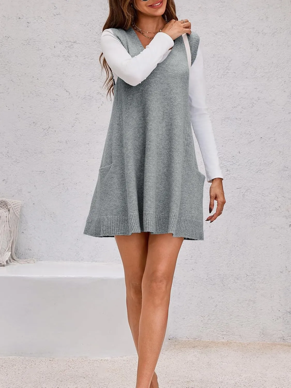 Saodimallsu Womens Sleeveless Sweater Vest V Neck Loose Knit Casual A Line Flattering Tunic Top with Pockets