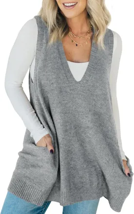Saodimallsu Womens Sleeveless Sweater Vest V Neck Loose Knit Casual A Line Flattering Tunic Top with Pockets