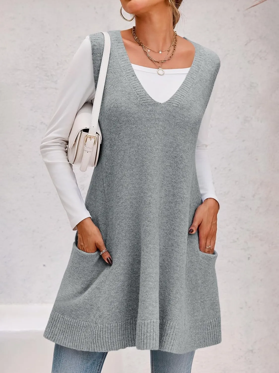 Saodimallsu Womens Sleeveless Sweater Vest V Neck Loose Knit Casual A Line Flattering Tunic Top with Pockets